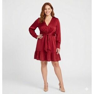 Marissa Webb Collective Mini Dress Women Size 10 Red Satin Tie Waist Ruffle Hem